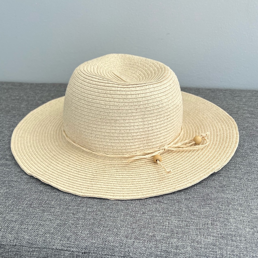 August Hat Company Cream Wide Brim Sun Hat Paper Straw Bow Bead Gold Tan Sparkly